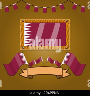Qatar Flags On Frame Wood, Label, Simple Gradient and Vector Illustration Stock Vector
