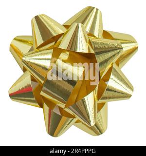 Gold bow ribbon decor element package isolated on transparent background. Shiny golden satin decoration gift present. Christmas, New Year holiday cele Stock Photo