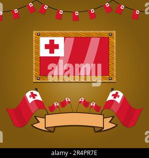 Tonga Flags On Frame Wood, Label, Simple Gradient and Vector Illustration Stock Vector