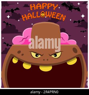 Halloween Character Design. With Brown Zombie Character. Big Face and Open Mouth. In Gravefield. Vector And Illustration Stock Vector