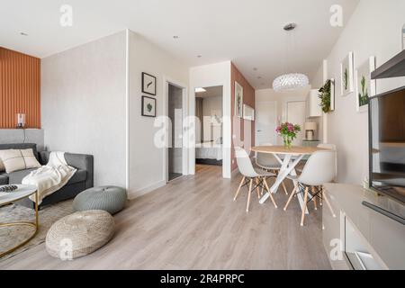 Comfortable seating area with a terracotta color wall with a sofa and poufs near the dining area in the living room studio. Concept of a modern Stock Photo