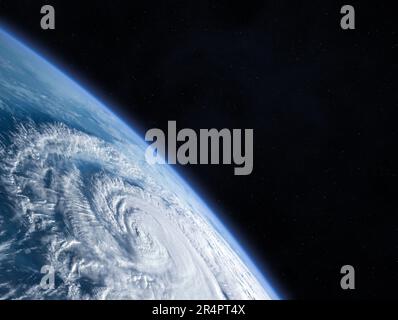 Amazing planet Earth, view from the space. Beautiful Earth and huge hurricane. Typhoon, tropical storm, cyclone, hurricane, tornado, over ocean. Weath Stock Photo