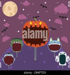 Head Monster Set in Field and Night. Big Pumpkin Head, Frankenstein, Dracula , Ghost and  Wolf. Vector And Illustration. Stock Vector