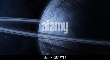 Universe scene with planets, stars and galaxies in outer space showing the beauty of space exploration. Alien planet with planetary rings and its moon Stock Photo