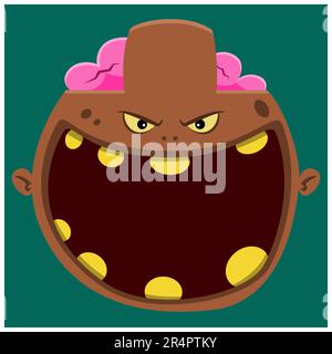 Halloween character design with  Big Brown Zombie Character Head  and Open mouth , Vector and Illustration. Stock Vector