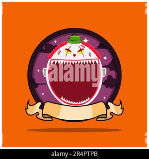 Vintage Monster Head Circle Label With Creepy Clown Design. Vector and illusttration Stock Vector