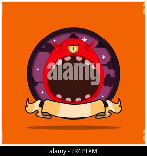 Vintage Monster Head Circle Label With One Eye Monster Design. Vector and illusttration Stock Vector