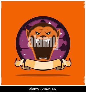 Vintage Monster Head Circle Label With Wolf Man Design. Vector and illusttration Stock Vector