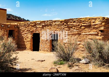 Exterior view; replica of ancient Puebloan stone & mud block home; Anasazi State Park Museum; Boulder; Utah: USA Stock Photo