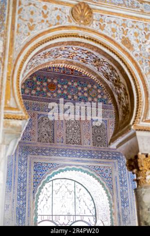 Spain, Andalusia,Seville, The Royal Alcazar of Seville, details of interior Moorish architecture Stock Photo
