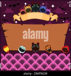 Halloween Greeting Card With Masks Monster. Blank Mouse label . At Night and Blank Wood Mockup. Vector And Illustration. Stock Vector