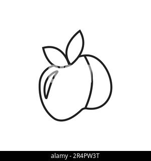 Peach or apple doodle line artwork illustration. Black line fruit drawing with leaves. Stock Vector