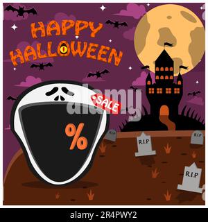 Halloween Character Head With Scream Head On Graveyard and Palace. Percent, Sale, and Dark Background. Vector and Illustration Stock Vector