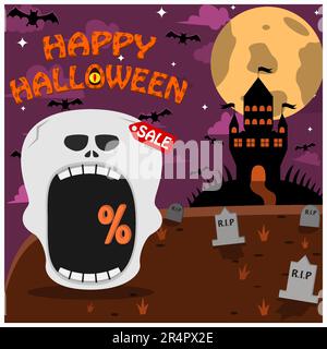 Halloween Character Head With Skeleton Head On Graveyard and Palace. Percent, Sale, and Dark Background. Vector and Illustration Stock Vector