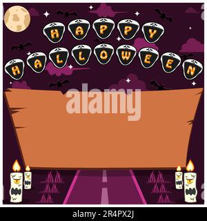 Halloween Holidays invitation or greeting card with word on Scream Head Character, wood blank space and road. Vector and Illustration Stock Vector