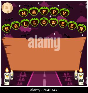 Halloween Holidays invitation or greeting card with word on Alien Head Character, wood blank space and road. Vector and Illustration Stock Vector