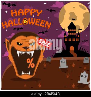 Halloween Character Head With Wolf Man Head On Graveyard and Palace. Percent, Sale, and Dark Background. Vector and Illustration Stock Vector