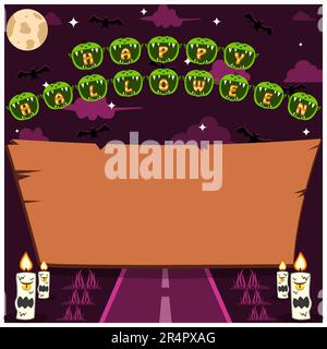 Halloween Holidays invitation or greeting card with word on Goblin Head Character, wood blank space and road. Vector and Illustration Stock Vector