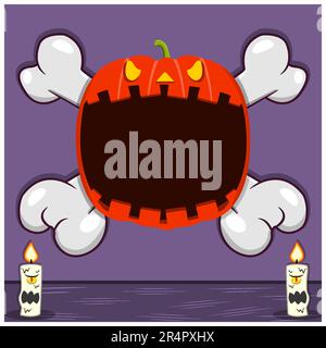 Halloween Character Design With Pumpkin Head. On Skull and Candles. Vector and Illustration Stock Vector