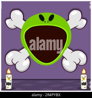 Halloween Character Design With Alien Head. On Skull and Candles. Vector and Illustration Stock Vector
