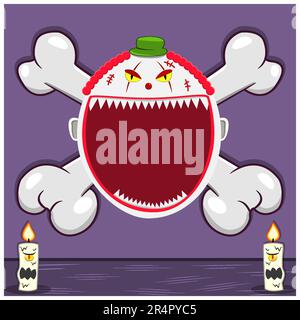Halloween Character Design With Creepy Clown Head. On Skull and Candles. Vector and Illustration Stock Vector