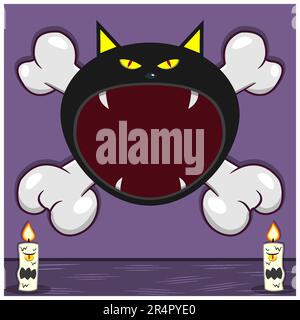 Halloween Character Design With Black Cat Head. On Skull and Candles. Vector and Illustration Stock Vector
