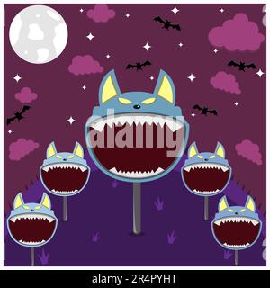 Halloween Character Head Design. Wolf Character in Field and On Night. Vector And Illustration Stock Vector