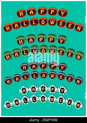 Happy Halloween Text Banner On Head Monsters. Pumpkin, Frankenstein, Dracula and Ghost Head Design. Vector and Illustration. Stock Vector