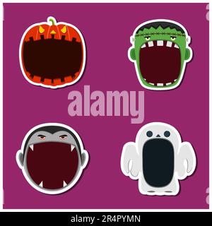 Halloween Head Set Design Sticker. Pumpkin, Frankenstein, Dracula and Ghost Head Character. Vector And Illustration Stock Vector