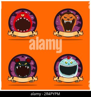 Emblem Set Head Monster. With One Eye Monster, Wolf Man, Mouse and Creepy Gnome Head Character Design. Vector And Illustration. Stock Vector