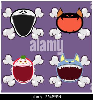Head Monster Design With Wolf, Scream, Creepy Bat and Creepy Clown. On Skull and Open Mouth. Vector and Illustration Stock Vector