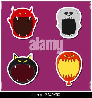 Halloween Head Set Design Sticker. Devil, Skeleton, Black Cat and Balloon Head Character. Vector And Illustration Stock Vector