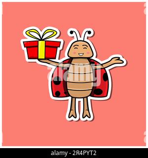 Cute Insect Sticker With Bettle Cartoon Bring Gisft. Pink Background. Character, Icon, Mascot, Vector and Illustration. Stock Vector