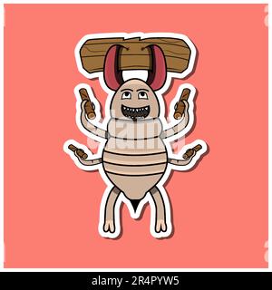 Cute Insect Sticker With Greedy Termite Cartoon Bring Wood. Pink Background. Character, Icon, Mascot, Vector and Illustration. Stock Vector