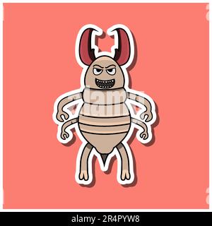 Cute Insect Sticker With Evil Termite Cartoon. Pink Background. Character, Icon, Mascot, Vector and Illustration. Stock Vector