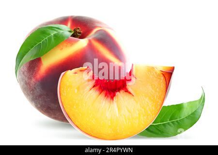 Fresh Peach slice and whole with leaves isolated on white background Stock Photo
