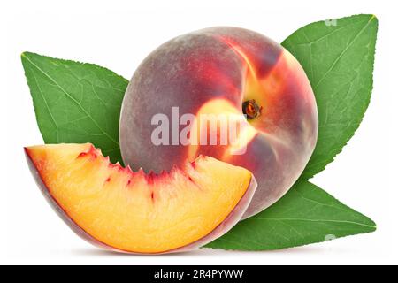 Fresh Peach slice and whole with leaves isolated on white background Stock Photo