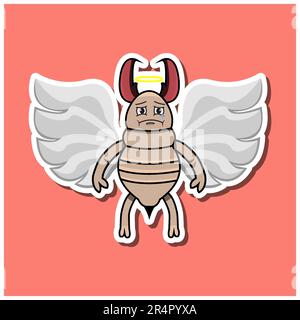 Cute Insect Sticker With Sad Angel Termite Cartoon. Pink Background. Character, Icon, Mascot, Vector and Illustration. Stock Vector