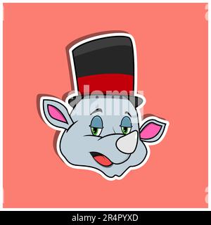 Animal Face Sticker With Rhinoceros Wearing Circus Hat. Character Design. Vector and Illustration Stock Vector