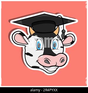 Animal Face Sticker With Cow Wearing Graduate Hat. Character Design. Vector and Illustration Stock Vector