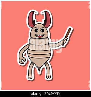 Cute Insect Sticker With Teaching Termite Cartoon. Pink Background. Character, Icon, Mascot, Vector and Illustration. Stock Vector