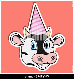 Animal Face Sticker With Cow Wearing Birthday Hat. Character Design. Vector and Illustration Stock Vector