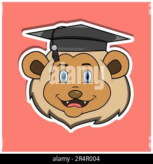 Animal Face Sticker With Lion Wearing Graduate Hat. Character Design. Vector and Illustration Stock Vector