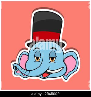 Animal Face Sticker With Elephant Wearing Circus Hat. Character Design. Vector and Illustration Stock Vector