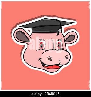 Animal Face Sticker With Hippopotamus Wearing Graduate Hat. Character Design. Vector and Illustration Stock Vector