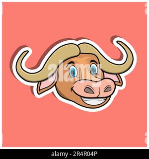 Animal Face Sticker With  Buffalo Character Design. Vector and Illustration Stock Vector