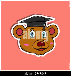 Animal Face Sticker With Bear Wearing Graduate Hat. Character Design. Vector and Illustration Stock Vector