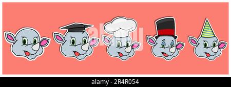 Head Rhinoceros Animal Sticker Set. Graduation, Chef, Magician and Party hat. Perfect for stickers, logo, greeting card and invitation. Vector and ill Stock Vector