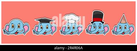 Head Elephant Animal Sticker Set. Graduation, Chef, Magician and Party hat. Perfect for stickers, logo, greeting card and invitation. Vector and illus Stock Vector