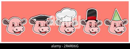 Head Hippopotamus Animal Sticker Set. Graduation, Chef, Magician and Party hat. Perfect for stickers, logo, greeting card and invitation. Vector and i Stock Vector